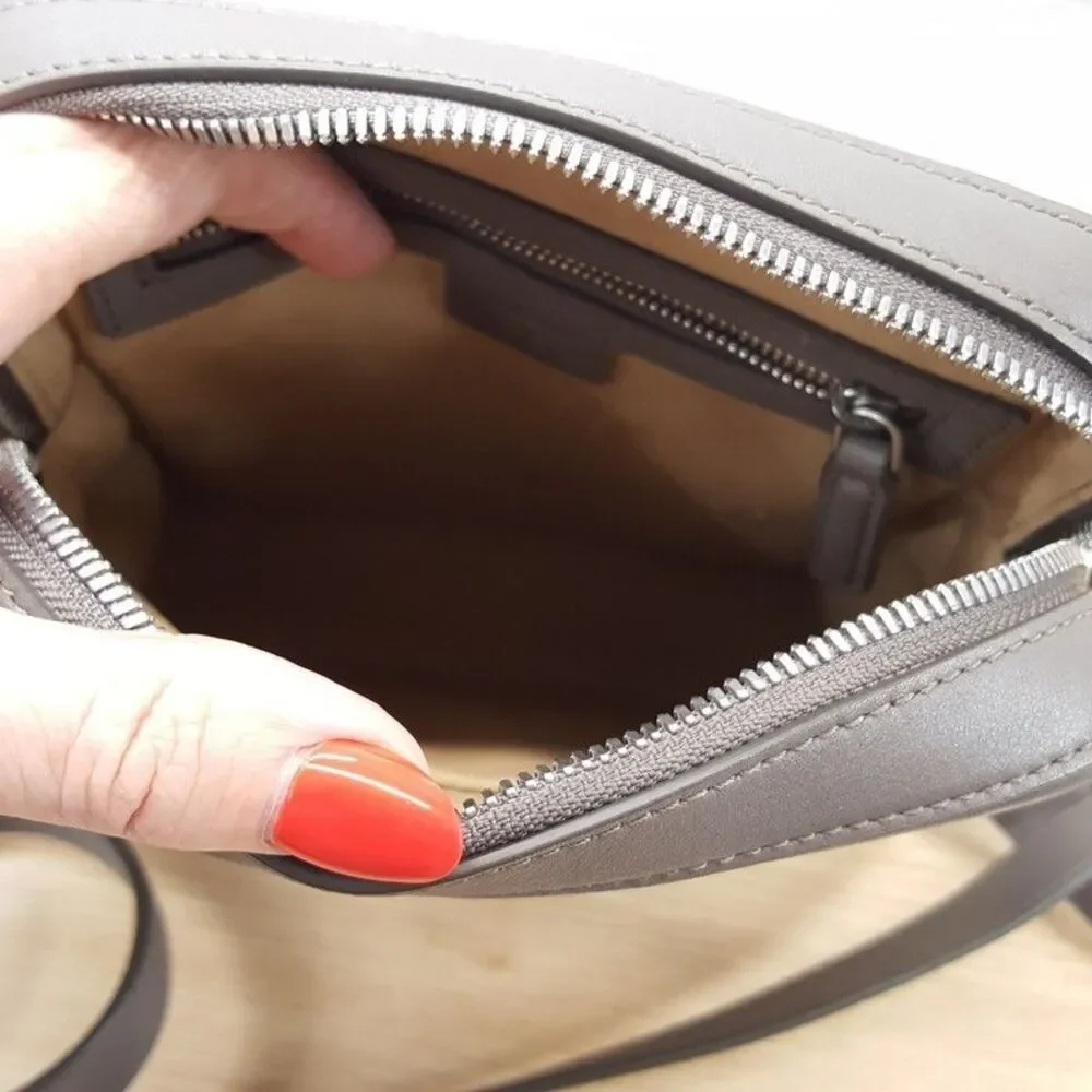 MCM Mini Klassik Taupe Tan Grey Leather Monogram Crossbody Bag $830 Authentic